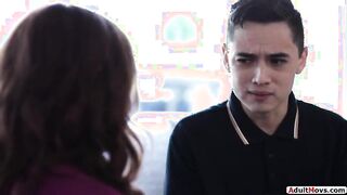 Stepson want anal sex with busty stepmom.The big tits milf kisses him and lets him lick pussy.The brunette cougar sucks and anal rides his big cock