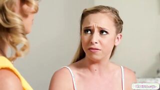 Busty stepmom will teach her virgin stepdaughter how to have sex.The big tits milf is boobsucked while masturbating the petite blonde and facesits her