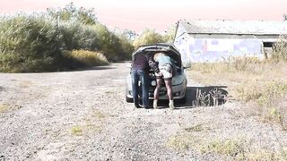 Sex Milf with random passerby man on hood of car. Public sex. Outdoors