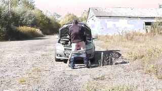 Sex Milf with random passerby man on hood of car. Public sex. Outdoors