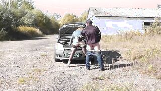 Sex Milf with random passerby man on hood of car. Public sex. Outdoors