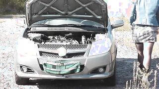 Sex Milf with random passerby man on hood of car. Public sex. Outdoors