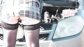 Sex Milf with random passerby man on hood of car. Public sex. Outdoors
