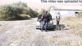 Sex Milf with random passerby man on hood of car. Public sex. Outdoors