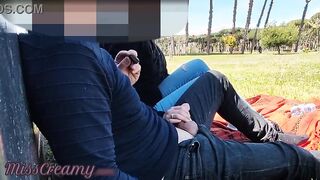 Exhibitionist Outdoor Amateur Milf Teacher Touch Big Cock on public park to voyeur with cum Risky sex close to people watching