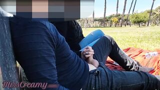 Exhibitionist Outdoor Amateur Milf Teacher Touch Big Cock on public park to voyeur with cum Risky sex close to people watching