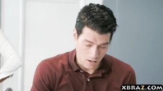 Huge boobs blonde assistant conducts a test with the subject