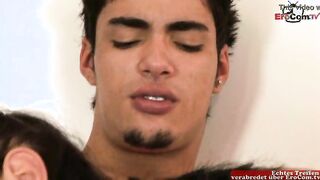 Black haired shemale with small tits and two boys in an ass fuck threesome