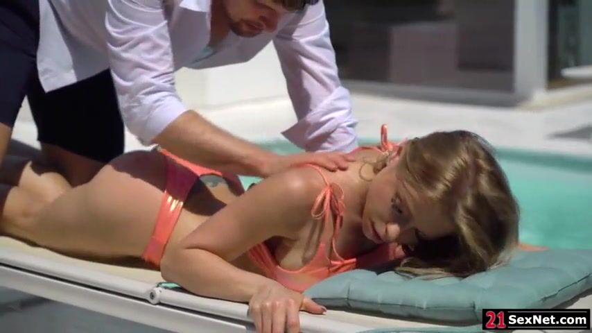21SexNet.com - A guy joins his blonde friend on the side of the pool.He removes her top then fingers her ass.The teen blowjobs him then bends over for an anal sex.