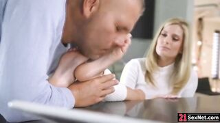 Blonde european babe Candee Licious loves anal.But first she gives her guy blowjob.The dude sucks her toes then grabs her waits while ass fucking.
