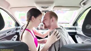 nymphomaniac skinny teen with pigtails gets fucked rough in the tight ass by her big cock driving instructor in the car