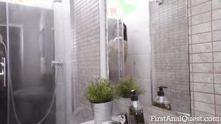 Ukrainian beauty Veronica Clark gets her tight teen booty gaped with dildo in shower. She takes cock in ass. After assfucking POV style, ex-ass-virgin earns her reward – a massive cum load on her ass.