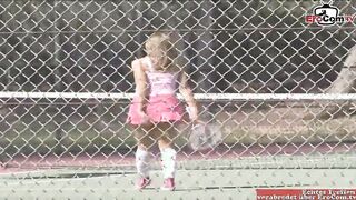 Sporty 18yo Girl with small boobs enjoy the huge cock in her first porn