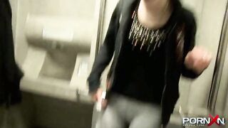 Trashy amateur teen honey pissing in her pants in public and kissing a stranger
