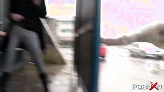 Trashy amateur teen honey pissing in her pants in public and kissing a stranger