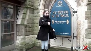 Trashy amateur teen honey pissing in her pants in public and kissing a stranger