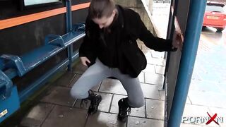 Trashy amateur teen honey pissing in her pants in public and kissing a stranger