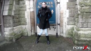 Trashy amateur teen honey pissing in her pants in public and kissing a stranger