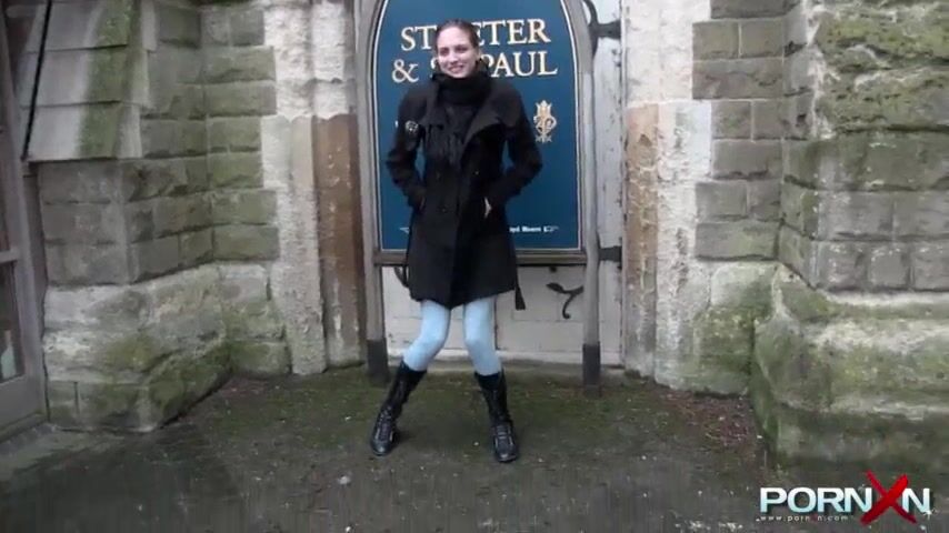 Trashy amateur teen honey pissing in her pants in public and kissing a stranger