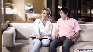 Stepson helps his busty stepmom get through an all nighter with sex.He kisses and sucks the cougars big boobs.He licks his pussy and fucks her