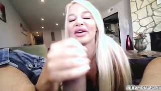 Hot stepmom London River slobbs and gives stepson a hot wet blowjob