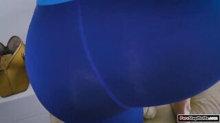 Busty stepmom is working out and asks stepson to help her stretch.He grabs her tits and she gets horny.She gives him a bj and is fingered and fucked