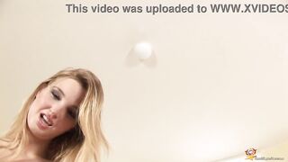 extreme sexy blonde babe in lingerie and high heels shows her big natural boobs and toying her tight wet cunt