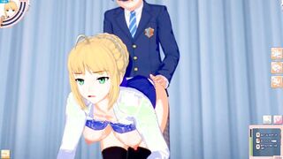 [Eroge Koikatsu! ] FGO Saber's boobs rubbed and Nio standing handjob blowjob sex after having you serve! Big Breasts Hentai [Hentai Game Feito]