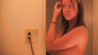 Hot Blonde Big Boobs doing make up and choosen clothes in wardrome behind the scene with naked