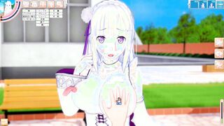 [Eroge Koikatsu! ] Rezero Emilia's boobs rubbed and Nio standing handjob fellatio sex after having you serve! Big breasts anime [hentai game]