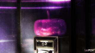 Two attractive brunettes with big boobs love to ride dildos when they are alone in the club. They started riding the dildo fast and could feel their pussies getting wet.