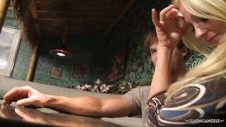 Amazing blonde MILF with big boobs likes to suck a hard dick in the booth while waiting for the pizza before getting her pussy smashed until she gets her tits sprayed with cum.